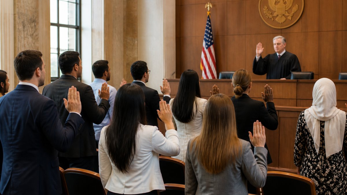 A diverse group of individuals standing in a courtroom with hands raised, reciting the Oath of Allegiance during a naturalization ceremony while a judge or Master of Ceremonies presides at the bench