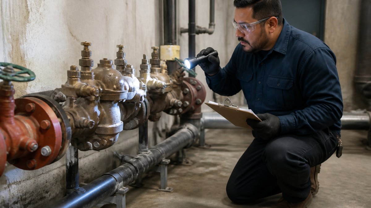 A certified backflow tester in work clothes and gloves kneeling beside a metal backflow preventer assembly in a commercial utility room, holding a flashlight and clipboard while inspecting the valves