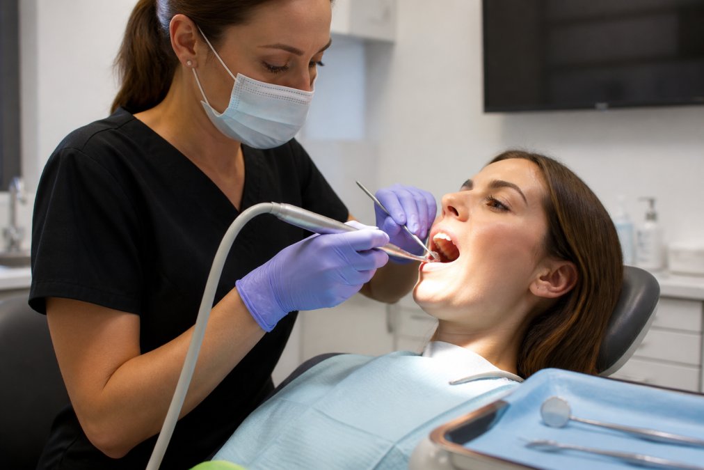 Dental hygienist performing a deep dental cleaning with an ultrasonic scaler in a modern dental office.