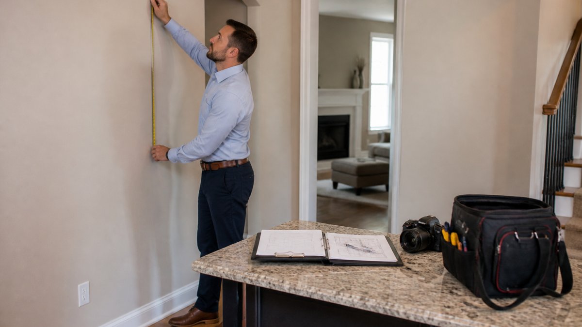 Professional appraiser in business casual attire measuring interior walls and taking detailed notes on clipboard inside residential home, with measuring tape and camera visible