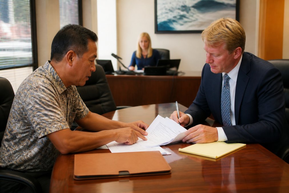 A personal injury attorney and client reviewing documents together at a conference table in a bright law office, with a court reporter visible in the background