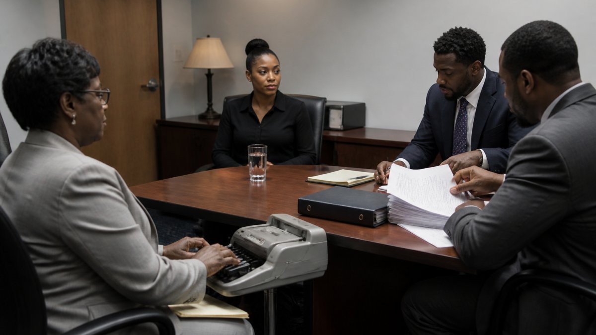 A small conference room with a court reporter seated at a stenograph machine, a witness at a table with a glass of water, and two attorneys reviewing documents under soft overhead lighting