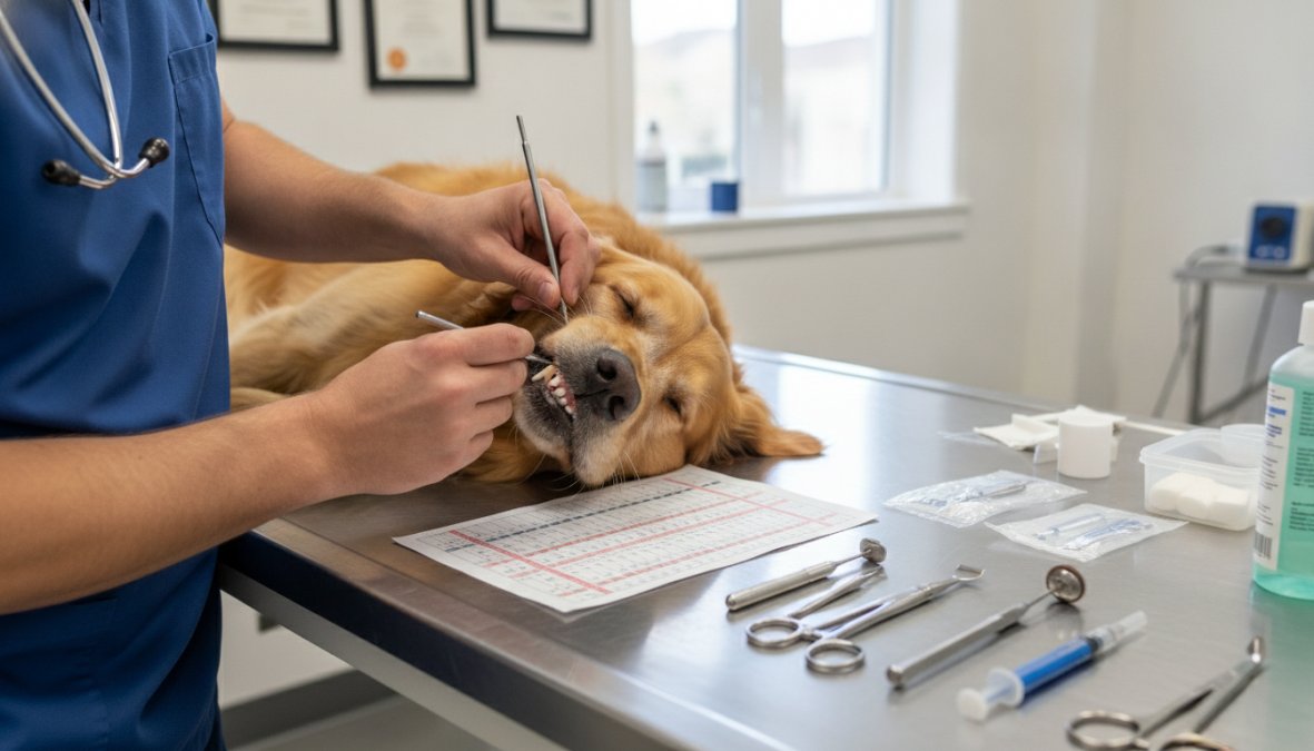 A veterinarian in blue scrubs using a dental probe to examine a calm golden retriever's teeth on a stainless steel exam table under bright overhead clinic lighting, with a dental chart visible on the counter nearby