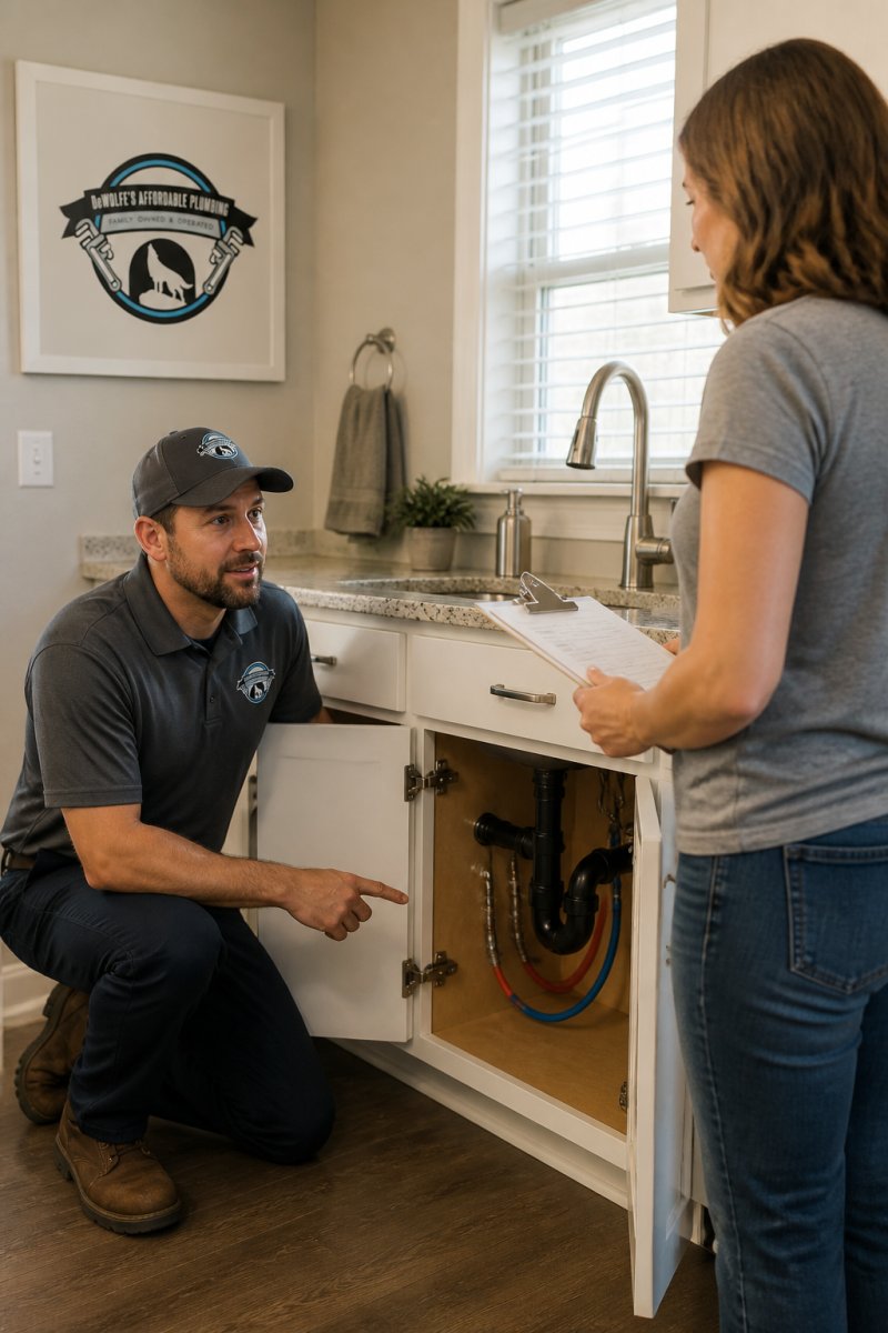 A licensed plumber in a clean uniform kneeling beside a kitchen sink cabinet, pointing at the supply lines while a homeowner stands nearby holding a clipboard and listening