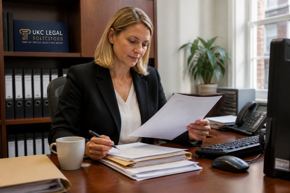 Conveyancer or solicitor reviewing property title deeds and documents at a desk with computer, filing system, and legal paperwork visible in natural office lighting