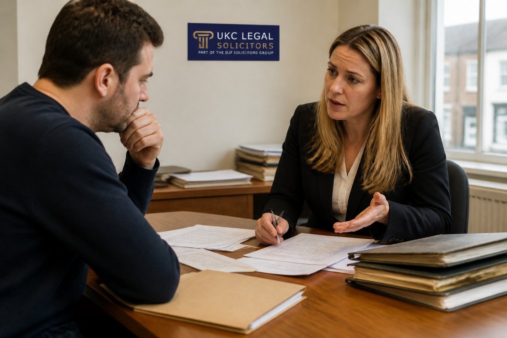 Professional solicitor in office discussing property concerns with client, gesturing toward documents and title deeds on desk with concerned expression