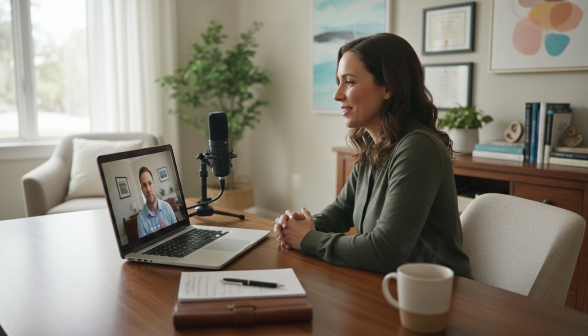 A licensed counselor conducting a professional video call session on a laptop in a clean, well-lit home office, with a notepad and coffee cup on the desk beside them, representing a virtual SAP evaluation session