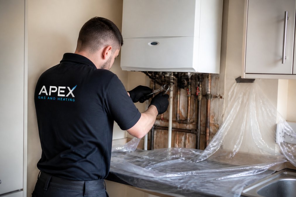 Professional Gas Safe engineer in uniform carefully disconnecting pipework from an old boiler mounted on a kitchen wall, with protective plastic sheeting visible around the work area and isolation valves clearly shown