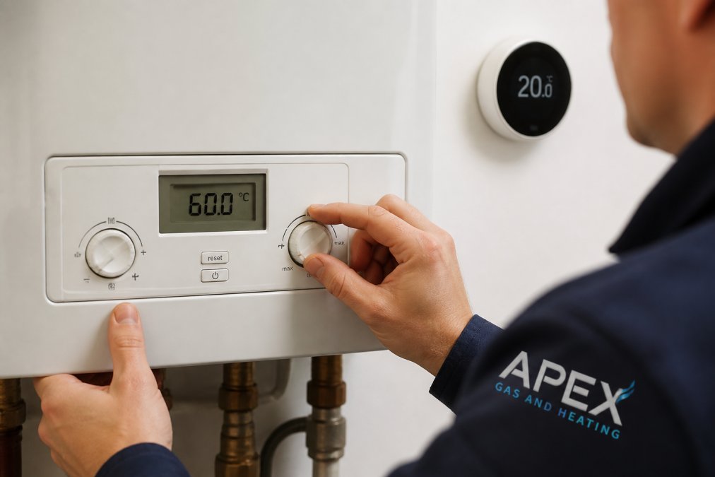 Close-up of an engineer's hands adjusting the flow temperature dial on a new boiler's control panel, with a smart thermostat visible on the wall in the background and digital readout showing temperature settings