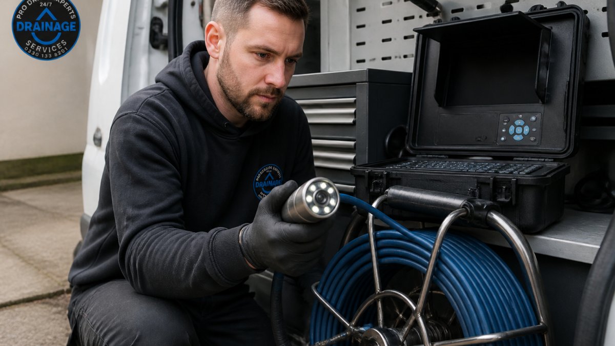 Professional technician holding a compact CCTV drain camera head with integrated LED lights, displaying the flexible cable reel and portable control monitor with screen in a modern drainage service van
