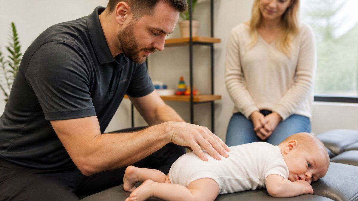 Pediatric chiropractor gently examining infant's spine with light fingertip pressure while baby rests comfortably on soft padded table, parent standing nearby