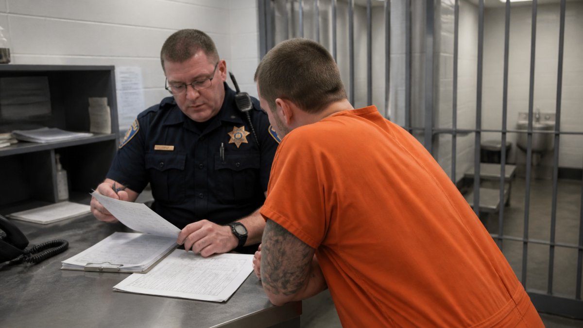 A police officer at a county jail intake desk reviewing paperwork with a detainee, fluorescent lighting, holding cell visible in the background