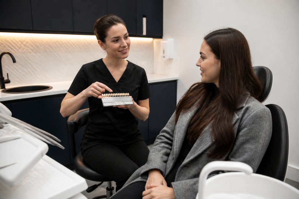Professional dentist discussing whitening treatment options with patient in modern, welcoming dental surgery, showing patient a shade guide and explaining the procedure