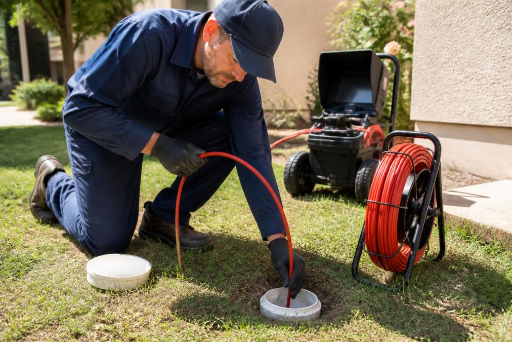 Professional plumber inserting a flexible sewer camera probe into a residential cleanout access point in a yard, with diagnostic equipment visible in the background and morning sunlight illuminating the work area