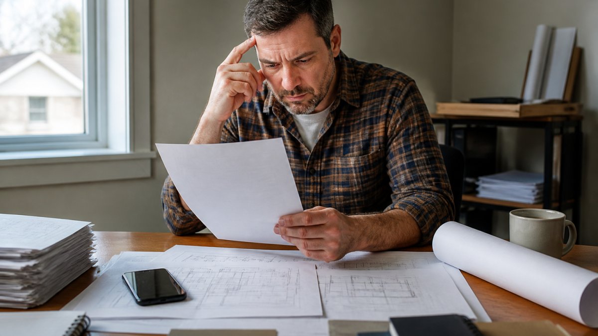 Homeowner reviewing insurance documents and blueprints at desk with concerned expression, phone and paperwork visible in natural office lighting