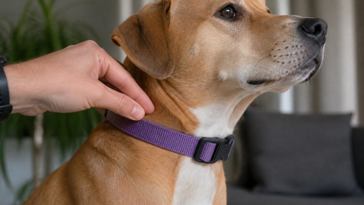 Close-up of a person's hand checking the fit of a soft fabric dog collar on a calm medium-sized dog, with two fingers comfortably sliding under the collar band, natural indoor lighting