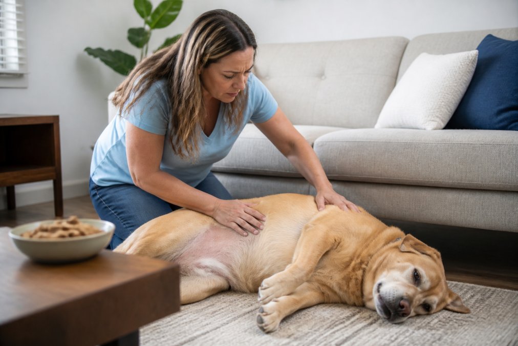 A concerned pet owner kneeling beside a dog resting on a living room floor, gently checking the dog's belly, with a bowl of treats visible in the background