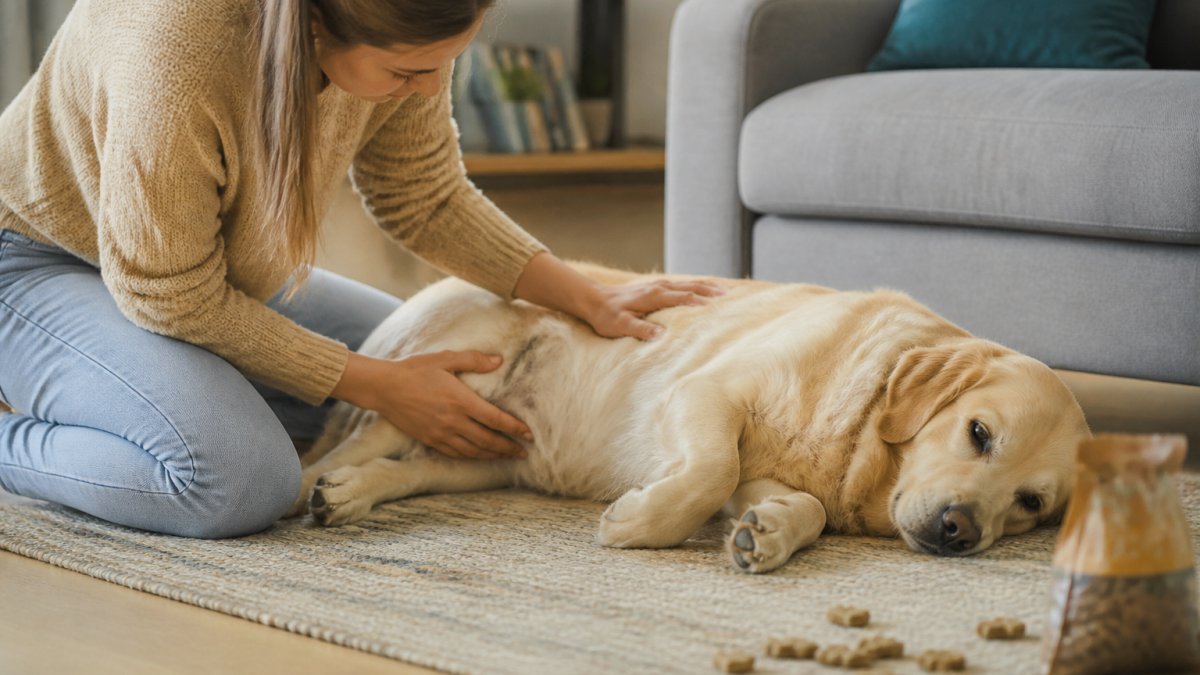 Concerned owner checking their dog's belly after the pet ate too many treats in a cozy living room