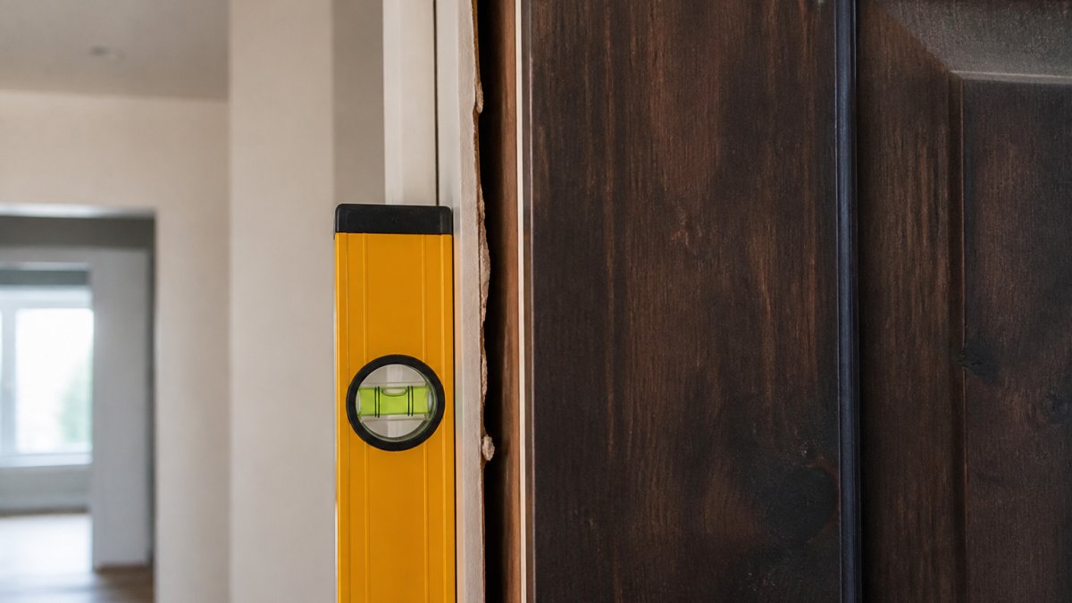 Close-up of a door frame showing visible gaps and misalignment, with a level tool positioned against the frame to demonstrate how to check if installation is plumb