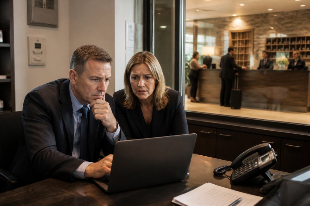 Hotel manager and IT director reviewing a laptop after a cyber attack, wondering what happens if a hotel has a cyber attack.