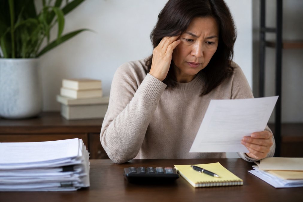 Person reviewing legal documents and bills at a desk with a calculator and notepad, looking concerned about expenses