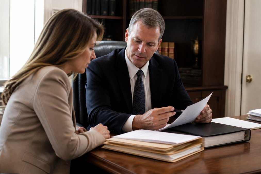 Attorney and client in a professional office setting discussing case documents and next steps, with legal files and a laptop visible on the desk