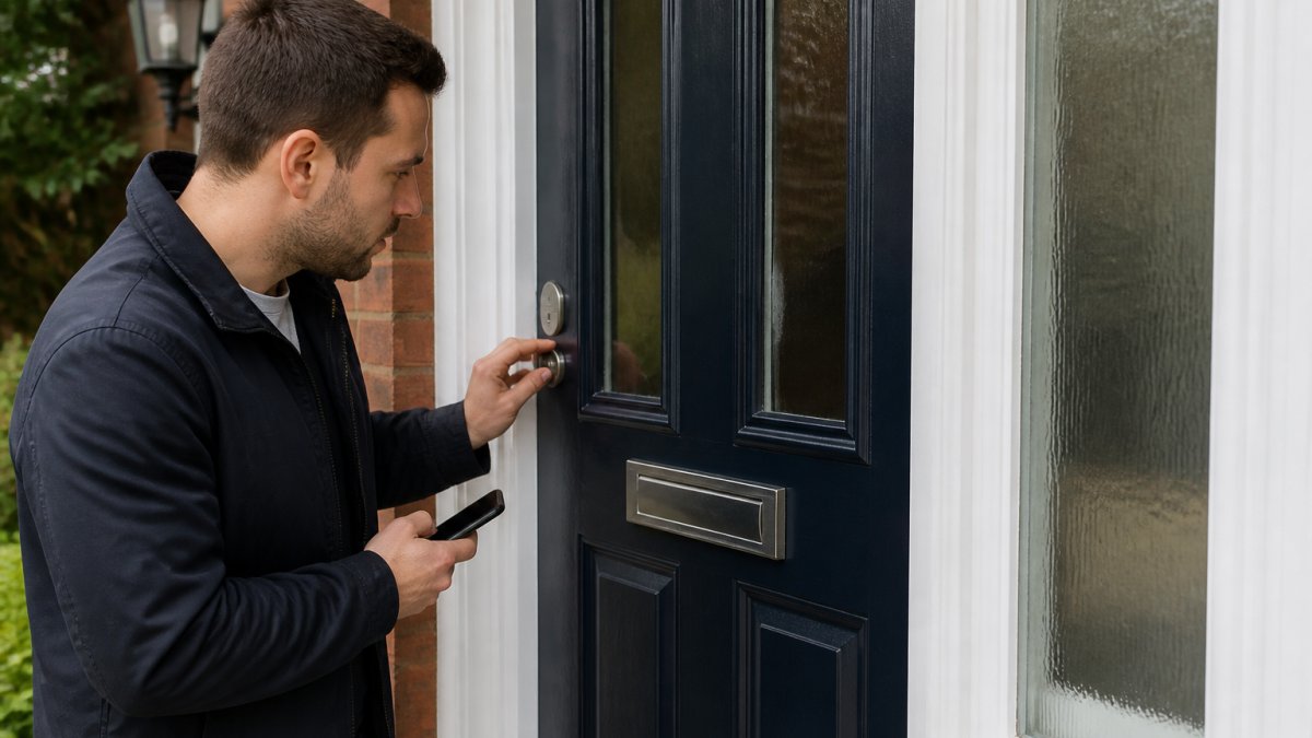 A person standing outside a closed front door in daylight, phone in one hand, calmly inspecting the lock cylinder with a focused expression