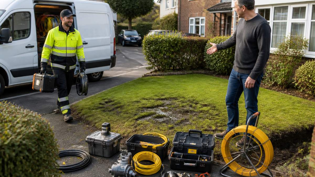 Professional plumber in high-visibility uniform arriving at residential property in van during daylight, homeowner gesturing toward garden area with visible wet patches