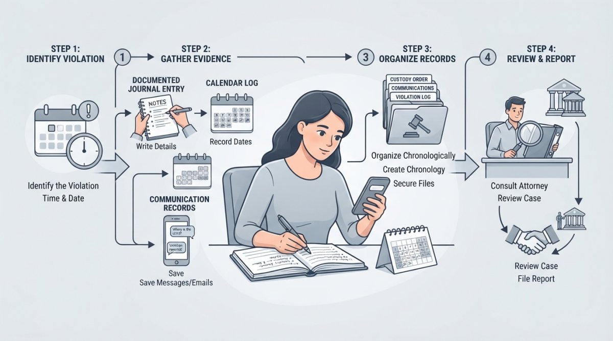 Parent writing detailed notes in a journal or notebook while reviewing calendar and text messages on a phone, showing the process of documenting violations with natural lighting