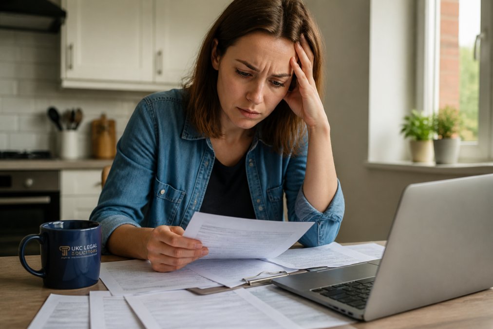 Stressed homeowner sitting at a kitchen table with mortgage documents and a laptop, reviewing paperwork with a concerned expression, natural afternoon light from a window