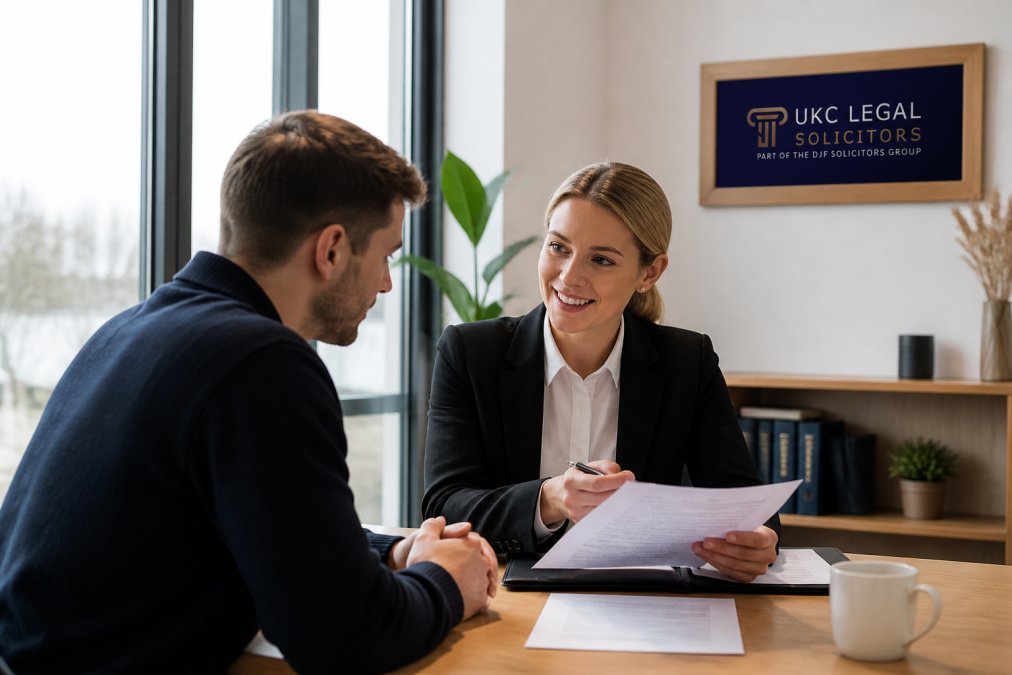 Professional conveyancer in modern office meeting with a client, reviewing property documents and discussing next steps, warm natural lighting from office windows