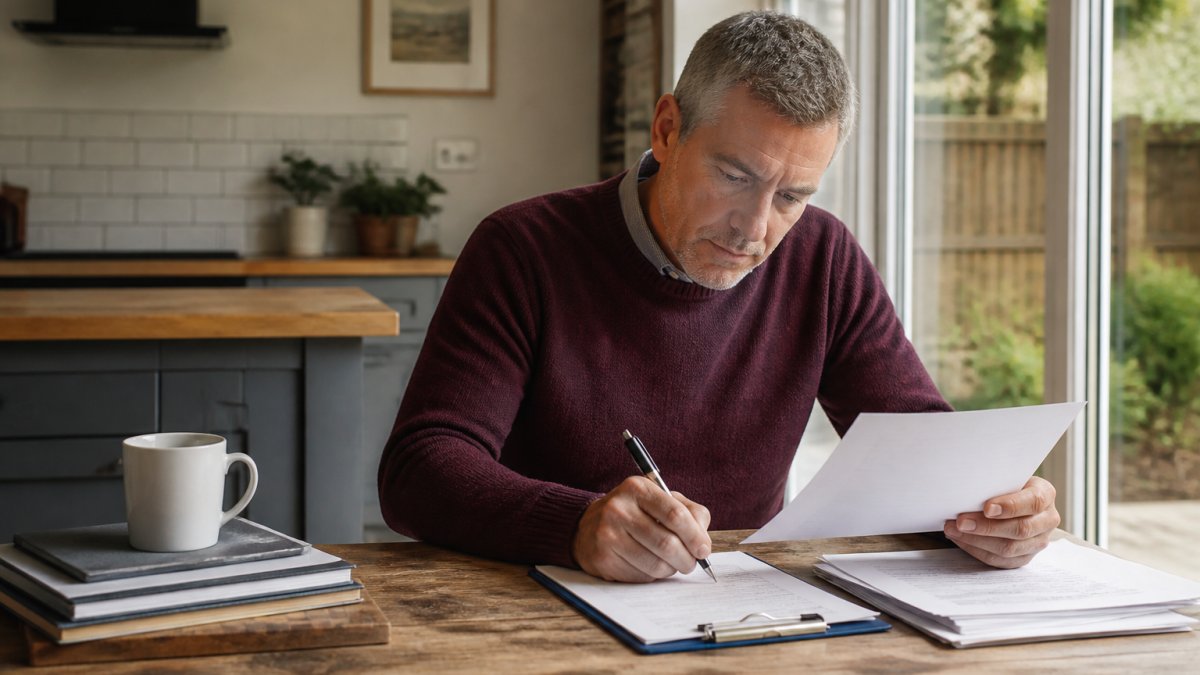 Professional property manager sitting at desk reviewing tenant application documents and writing correspondence, with laptop and paperwork visible in modern office setting