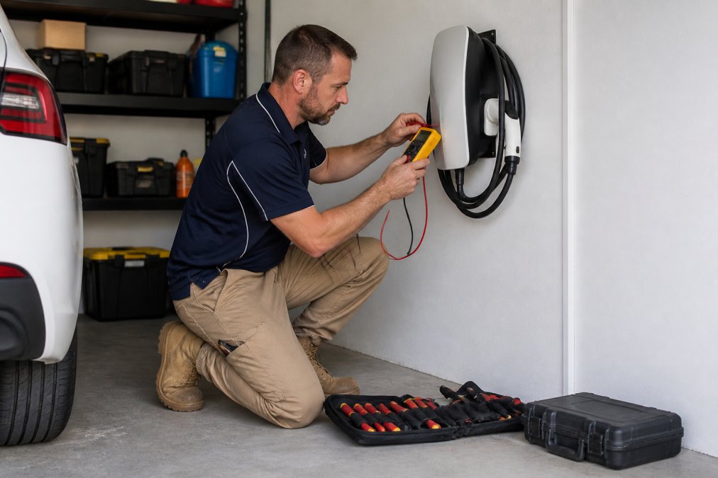 Licensed electrician using a multimeter to inspect a home EV charger installation.