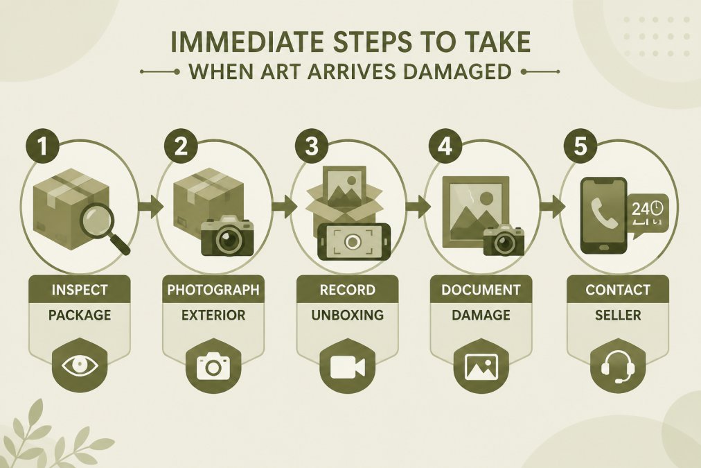 5-step process to follow when art arrives damaged, including inspection, photography, and seller notification.