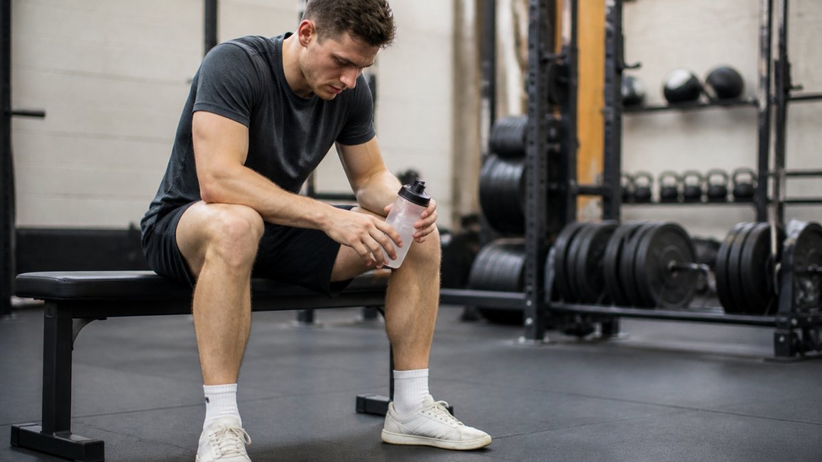 Exhausted athlete sitting on a gym bench holding a water bottle after a strenuous workout session