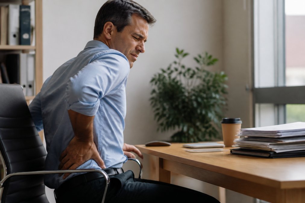 Middle-aged adult grimacing while sitting at an office desk due to chronic back pain in their lower spine.