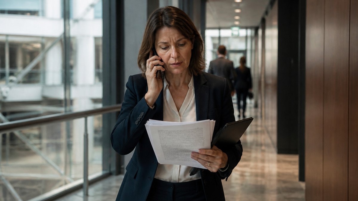 Compliance officer reviewing a printed contract where contract automation fails in a quiet financial services office