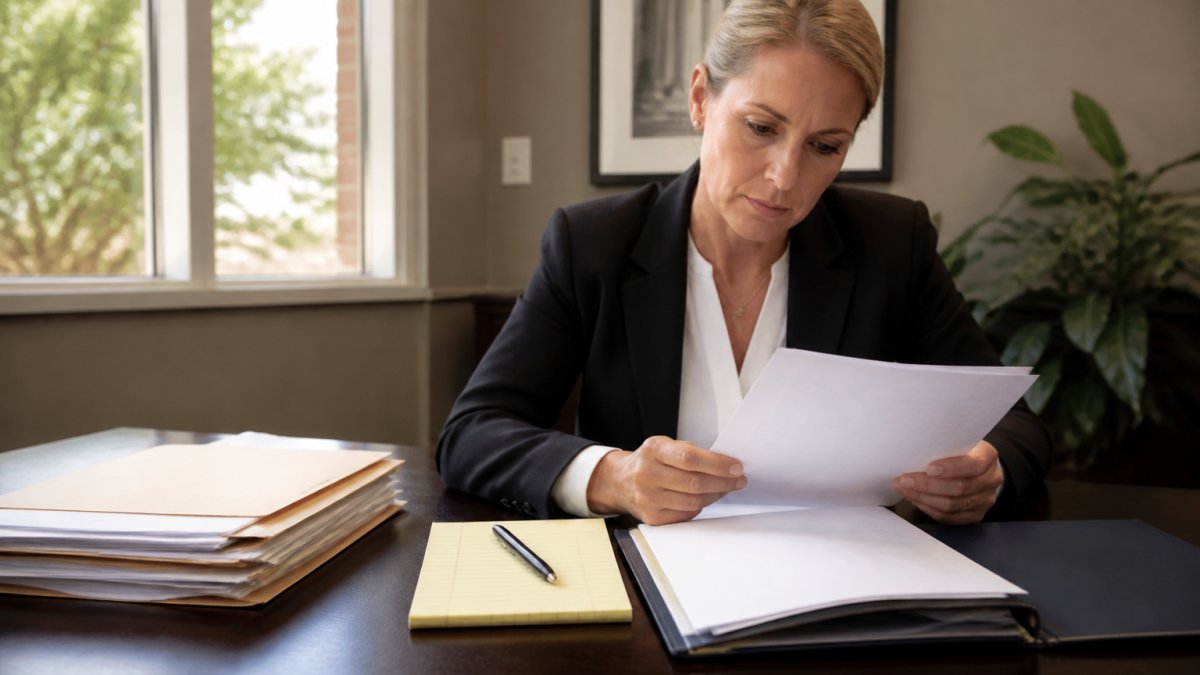 Professional woman reviewing legal documents at a desk with a folder, notepad, and pen in a modern office setting with natural lighting