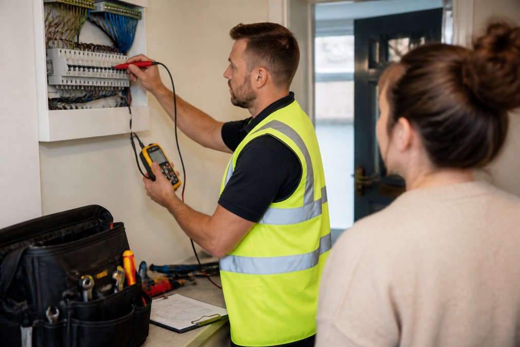 Professional electrician in high-visibility clothing using testing equipment on an electrical panel in a residential property, with documentation and clipboard visible on workbench