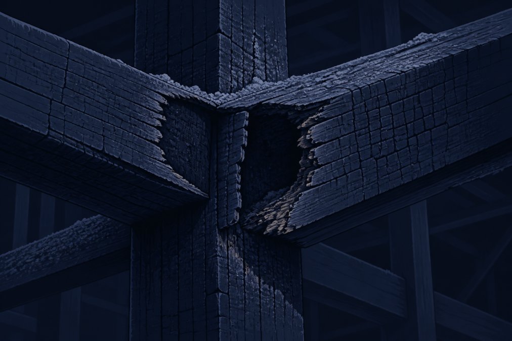 Close-up of heavily charred wooden structural beams showing deep black discoloration, charred edges, and visible structural compromise with ash residue coating the surface in dim lighting