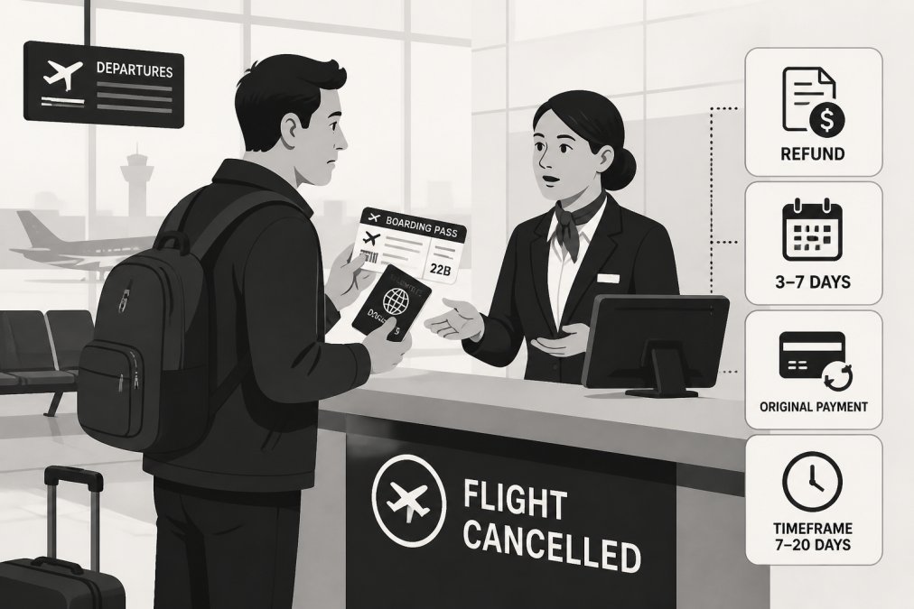 Passenger at airport counter speaking with airline representative, holding boarding pass and documentation, showing serious discussion about flight cancellation assistance, with airport terminal in background