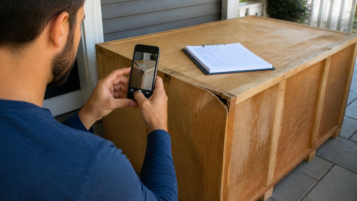 Homeowner using a smartphone to photograph a dented edge on a wooden shipping crate on a porch