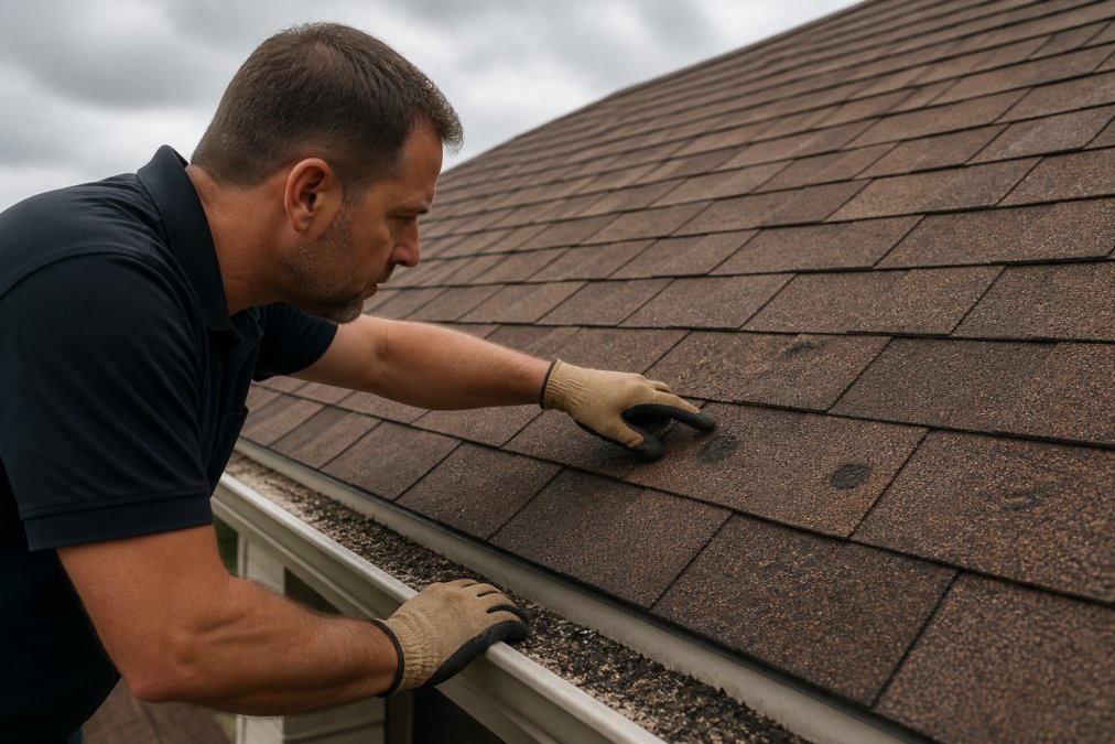 A homeowner in work gloves inspecting asphalt shingles on a roof after a hailstorm, pointing at dark impact spots and scattered granules in the gutter, overcast sky behind
