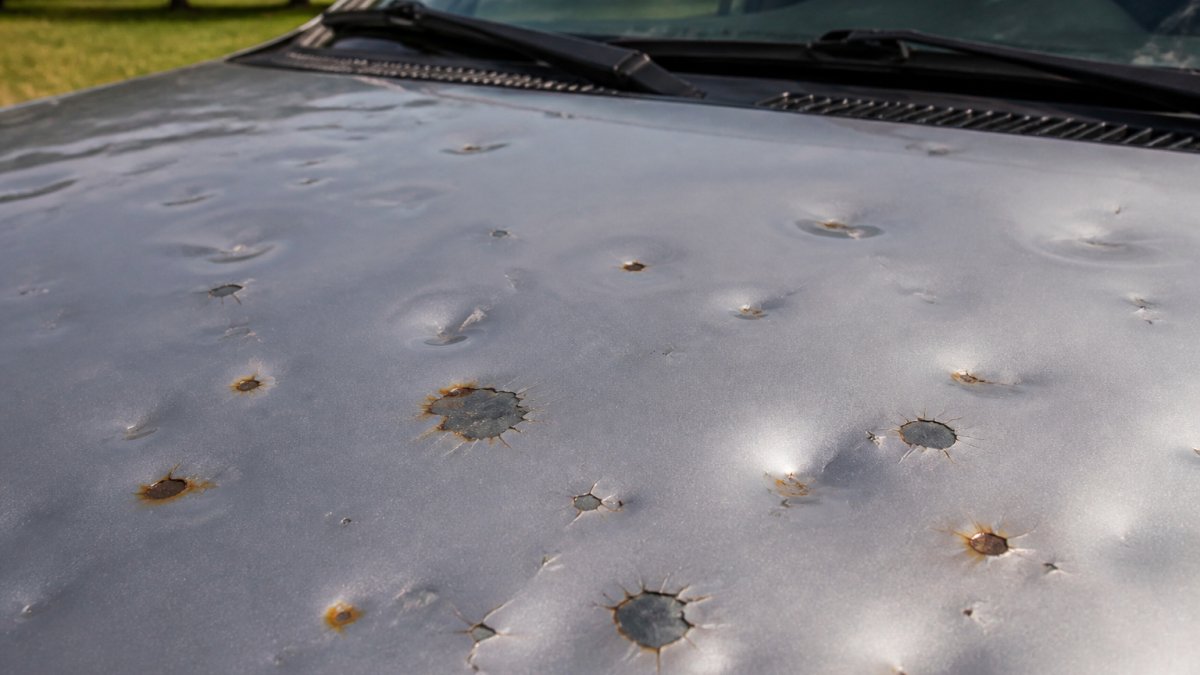 Close-up of a vehicle hood showing multiple hail dents with visible paint cracking, rust spots beginning to form around impact edges, and exposed bare metal visible in several dent centers under natural daylight