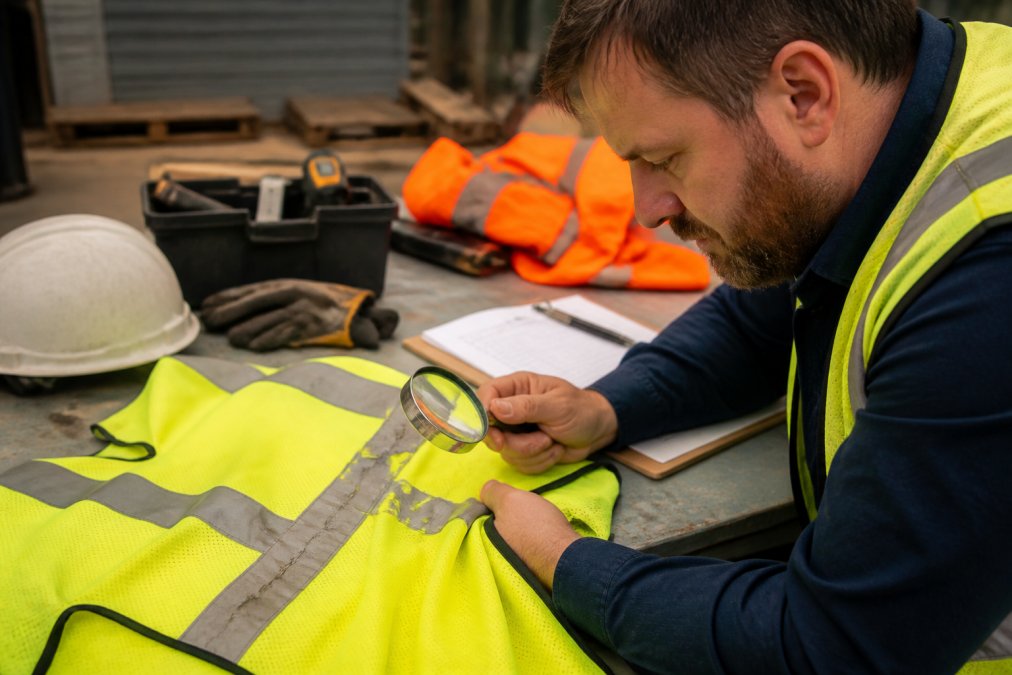 Professional safety officer examining reflective tape on a hi-vis vest under natural daylight, checking for peeling, fading, and seam integrity with magnifying glass and inspection checklist