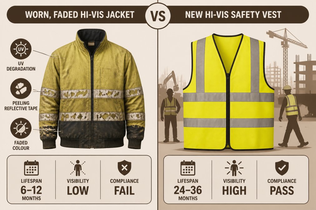Side-by-side comparison of a worn, faded hi-vis jacket with visible UV degradation and peeling reflective tape next to a new, bright fluorescent safety vest on an active construction site