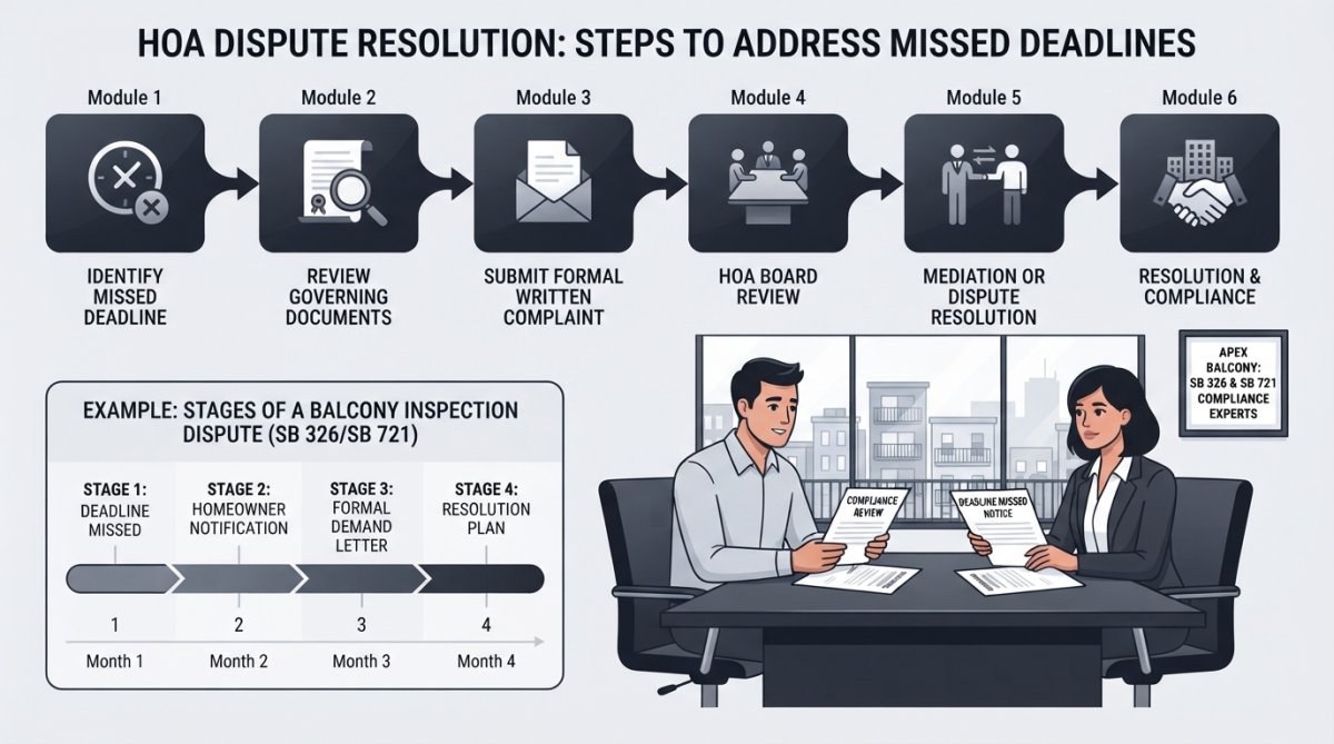 Process diagram showing steps for hoa misses deadline