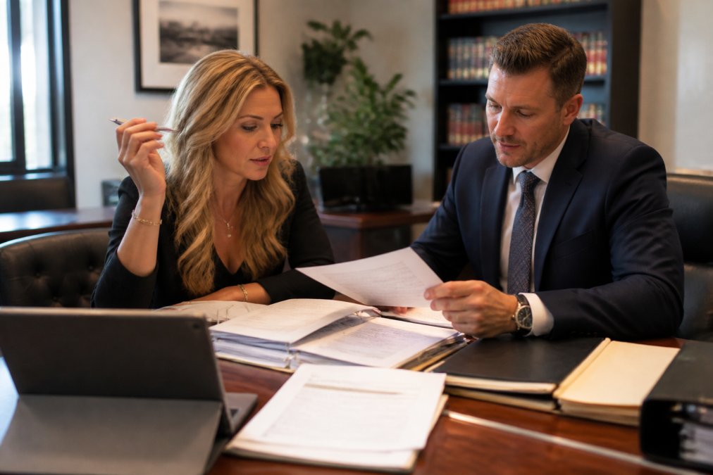 Professional in business attire meeting with a client in a modern law office, reviewing documents and claim files together at a desk with a tablet and papers