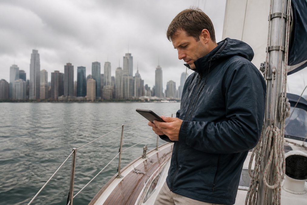 A sailboat captain in a light rain jacket looking at a marine weather forecast on a tablet, standing on the deck of a sailboat in a harbor with the city skyline in the background