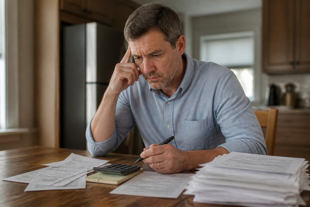 A person sitting at a kitchen table looking at a stack of medical bills and a settlement letter, with a calculator and pen nearby, looking worried but determined
